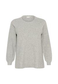 Light gray sweater with a round neckline, long sleeves, and a soft, textured knit fabric. Simple design, no visible patterns or embellishments.