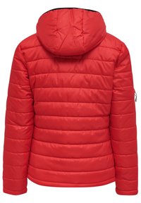 Röd puffjacka med huva, med en quiltad design, elastiska mudd och en slät yta. Bakåtsidan visar horisontella sömdetaljer.