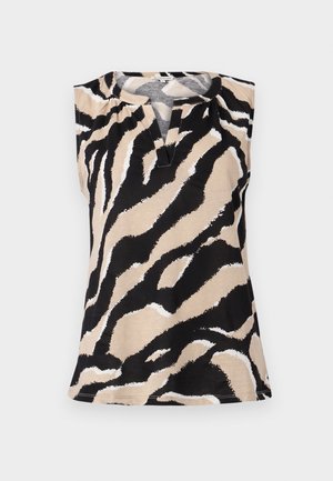 Käteta top beežist kangast, millel on julge must-valge zeebra triibuline muster. Silmapaistev V-kaelus ja tekstureeritud viimistlus.