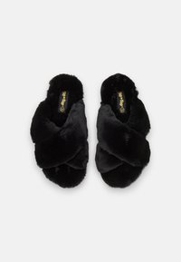 Black faux fur slippers with a crossed design, soft texture, open back, and a gold logo on the insole. Size 37.