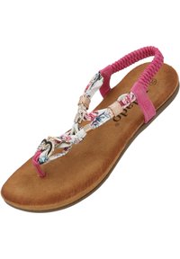 Infradito rosa con cinturini stampati a fiori e un'accattivante accentuazione a forma di cuore metallico. La soletta è in finta suede marrone, caratterizzata da una superficie testurizzata.