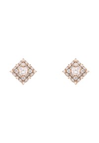 Uhani u obliku dijamanta od zlata, s grupom okruglih prozirnih kamenčića i središnjim većim kamenom, stvarajući slojeviti efekt.