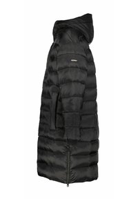 Doudoune noire avec capuche, dotée d'un design matelassé, de poches latérales et d'une fermeture éclair en bas de l'ourlet. Texture lisse et brillante.