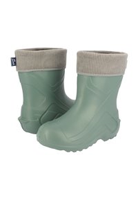 Bottes de pluie en caoutchouc vert avec un design texturé, dotées d'un revers en velours côtelé gris et d'une semelle striée durable pour une meilleure adhérence.