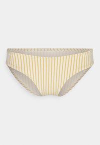 Parte de baixo de bikini às riscas em amarelo e creme, feita de um tecido macio. Apresenta listras verticais estreitas e uma cintura flexível para maior conforto.