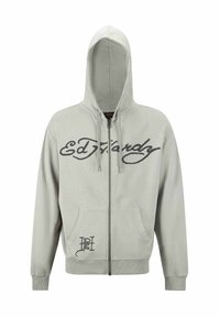 Light gray zip-up hoodie with a hood, featuring black script "Ed Hardy" text on the front and a small logo on the lower side.