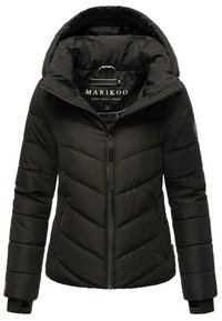 Black padded jacket with a hood, featuring chevron quilting, zippered front, and side pockets. Material appears smooth and water-resistant.