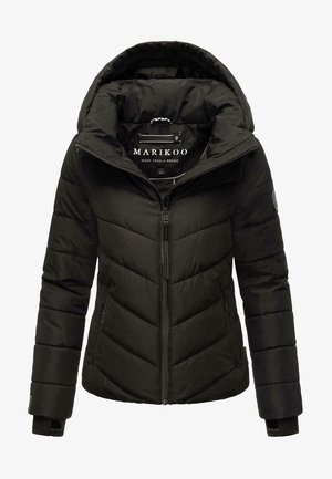 Black padded jacket with a hood, featuring chevron quilting, zippered front, and side pockets. Material appears smooth and water-resistant.