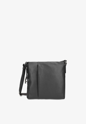 Black pebbled leather crossbody bag with adjustable strap, front vertical seam detail, and small metal "P" charm on strap.