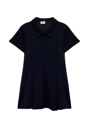Granatowa sukienka z krótkim rękawem, kołnierzykiem i suwakiem z przodu, z lekko rozszerzaną spódnicą i dwoma przednimi kieszeniami.