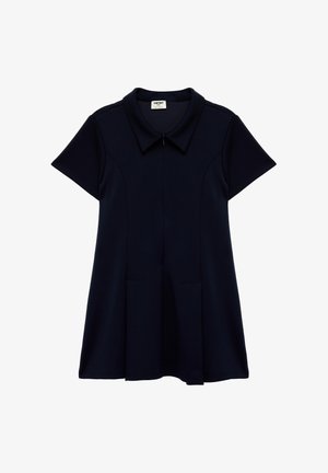 Robe bleu marine à manches courtes avec col et fermeture éclair avant, dotée d'une jupe légèrement évasée et de deux poches avant.