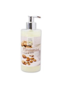 Flasche mit Flüssigseife mit klarem Körper, Pumpenspender und Etikett, das Mandeldrink, Mandeln und eine sanfte Cremefarbe zeigt.