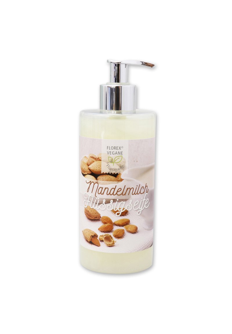 Flasche mit Flüssigseife mit klarem Körper, Pumpenspender und Etikett, das Mandeldrink, Mandeln und eine sanfte Cremefarbe zeigt.