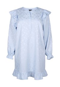 Helles blaues Kleid mit floralem Muster, gerüschten kurzen Ärmeln, einer geknöpften Halslinie und einem ausgestellten Saum mit Rüschendetails am unteren Ende.