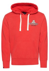 Felpa rossa con tasca anteriore, cappuccio con stringa, polsini a costine e logo ricamato che presenta un orso e il testo "SUPERDRY GRIZZLY'S."