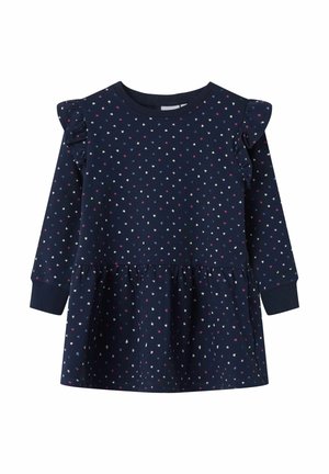 Robe bleu marine à manches longues avec un petit motif de cœurs multicolores, détails à volants aux épaules et jupe froncée à la taille.