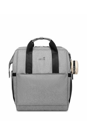 Gray fabric bag with black handles and accents, featuring a front pocket, top zipper, and attached small pouch on the side.