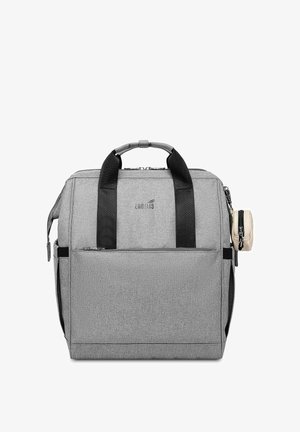 Gray fabric bag with black handles and accents, featuring a front pocket, top zipper, and attached small pouch on the side.