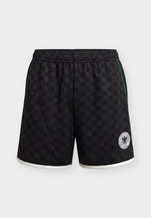 Pantaloni scurți atletici negri în carouri, cu talie elastică, dungi laterale verzi, finisaj alb și logo Deutscher Fußball-Bund pe piciorul drept.