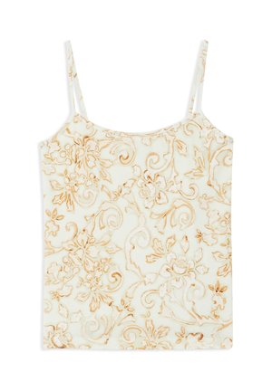 Camisole blanche à fines bretelles présentant un motif floral et de vigne beige dans un design doux et texturé.