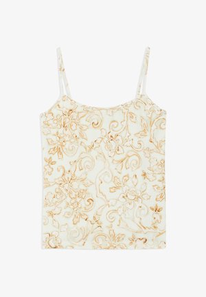 Camisole blanche à fines bretelles présentant un motif floral et de vigne beige dans un design doux et texturé.