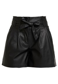 Černé kožené šortky s přiléhavým pasem, skládacím designem a mašlí na přední straně. Hladká textura se bočními štěrbina pro pohodlí.