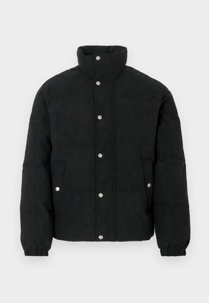 Black corduroy puffer jacket with a high collar, snap-button front, two front pockets, and elastic cuffs for a snug fit.