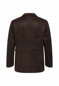 Pruun, sametjatavaga pikk jakk, millel on klapiga krae, kaks küljetaskut ja sile tekstuur. Omab kohandatud istuvust ja sirget lõiget.