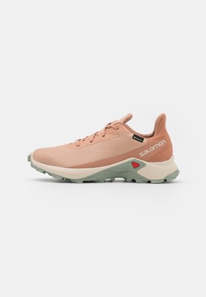 Lys pink Salomon trail løbesko med grøn sål, beige mellemsål, rød accent, Gore-Tex mærke og side-logo på hvid baggrund.