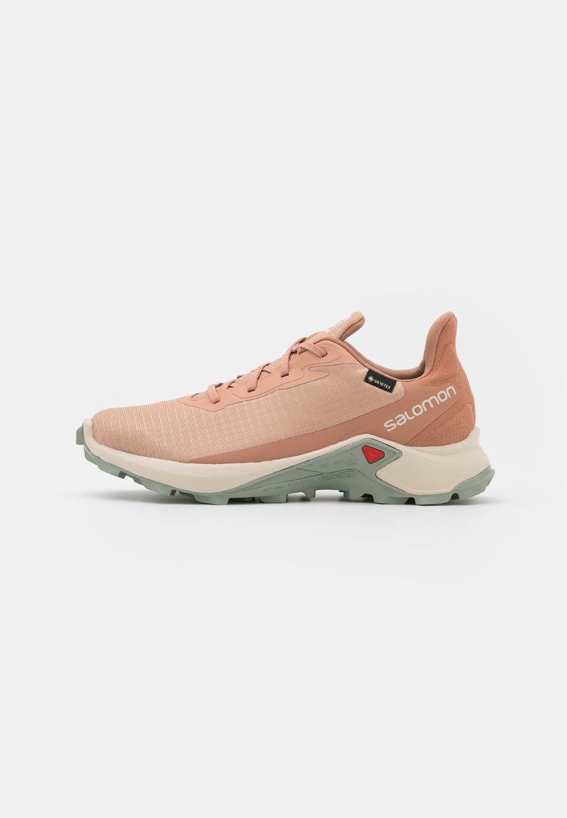 Chaussure de trail running Salomon rose clair avec semelle verte, semelle intermédiaire beige, accent rouge, étiquette Gore-Tex et logo latéral sur fond blanc.