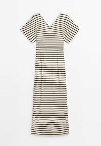 Randig klänning med V-ringning, korta ärmar och figursydd midja. Tillverkad av ett lätt material i beige och svart.