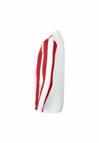 Camicia a maniche lunghe con strisce verticali rosse e bianche, realizzata in tessuto leggero. Presenta un collo rotondo e polsini elasticizzati.