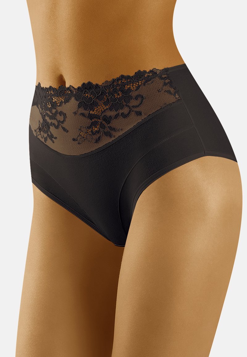 Culotte noire taille haute avec une ceinture en dentelle transparente arborant des motifs floraux, alliant tissu lisse et détails en dentelle texturée.