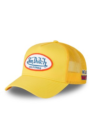 Casquette de baseball jaune Von Dutch avec arrière en maille, patch logo bleu et rouge portant la mention "Von Dutch California" à l'avant, et texte "Heat Wave" sur le côté.