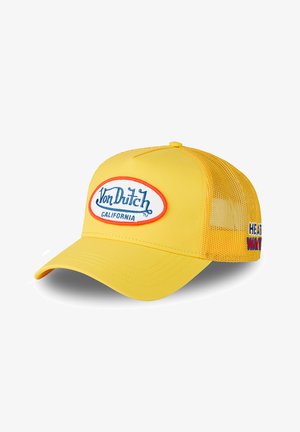 Casquette de baseball jaune Von Dutch avec arrière en maille, patch logo bleu et rouge portant la mention "Von Dutch California" à l'avant, et texte "Heat Wave" sur le côté.