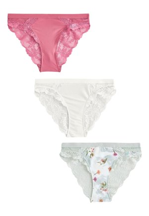 Tre bikiniunderdele med blonder i pink, hvid og blomsterprint med pastelgrønne blondekanter, vist på en hvid baggrund.
