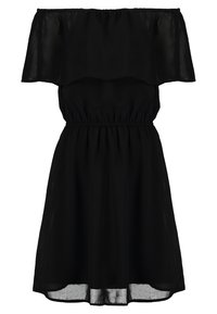 Schwarzes schulterfreies Kleid aus transparenter Material, mit einem Rüschenoberteil, elastischem Bund und einem fließenden Rock, der über das Knie reicht.