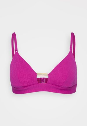 Roza trikotna modrčka z teksturiranim vzorcem, ki ima zlato okrasje spredaj in nastavljive naramnice. Gladek zaključek.