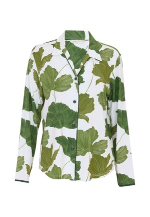 Overhemd met knopen, voorzien van een witte achtergrond met grote groene bladerenpatronen, gemaakt van zachte stof, met een kraag en lange mouwen.