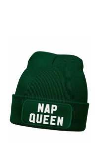 Dark green knitted beanie with ribbed texture and a folded cuff, featuring a white rectangular patch with the text "NAP QUEEN."