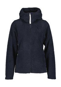 Marineblaue Fleecejacke mit Struktur, voller Reißverschluss vorne, hohem Kragen und Seitentaschen. Dezentes Logo auf der Brust.