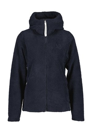 Marineblauwe fleecejas met een gestructureerde afwerking, volledige rits aan de voorkant, hoge kraag en zijzakken. Subtiele logo op de borst.