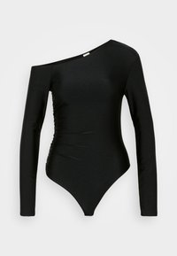 Mustat yksittäishihallinen haalari, jossa on pitkät hihat, valmistettu sileästä ja joustavasta kankaasta. Ominaisuuksiin kuuluu sivusaumojen rypytys ja tiukka siluetti.