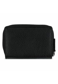 Cartera de cuero negra con una superficie texturizada, con cierre de cremallera y forma rectangular. Diseño minimalista sin hardware visible.