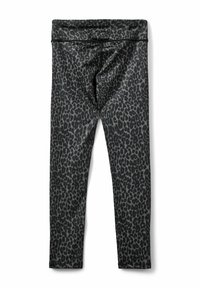 Leggings en imprimé léopard noir et gris, dotés d'une texture lisse, d'une ceinture large et sans coutures latérales pour une coupe élégante.