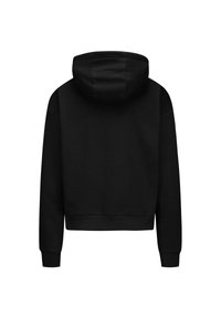 Felpa corta nera con una texture liscia, cappuccio con coulisse e polsini e orlo a coste. Design semplice senza loghi o motivi visibili.