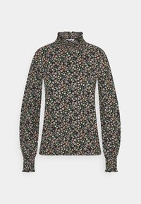 Bloem blouse met een zwarte achtergrond en kleine roze en groene bloempatronen, lange mouwen en een gathered hoge halslijn.