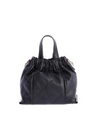 Bolso de mano de cuero negro con parte superior fruncida, patrón acolchado, asas cortas y detalles en tono dorado. Forma compacta con textura suave.