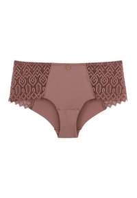 Culottes avec une base mauve claire, présentant un superposition en dentelle géométrique à la taille et des bords festonnés. Un petit accent doré se trouve à l'avant.