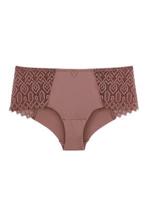 Culottes avec une base mauve claire, présentant un superposition en dentelle géométrique à la taille et des bords festonnés. Un petit accent doré se trouve à l'avant.